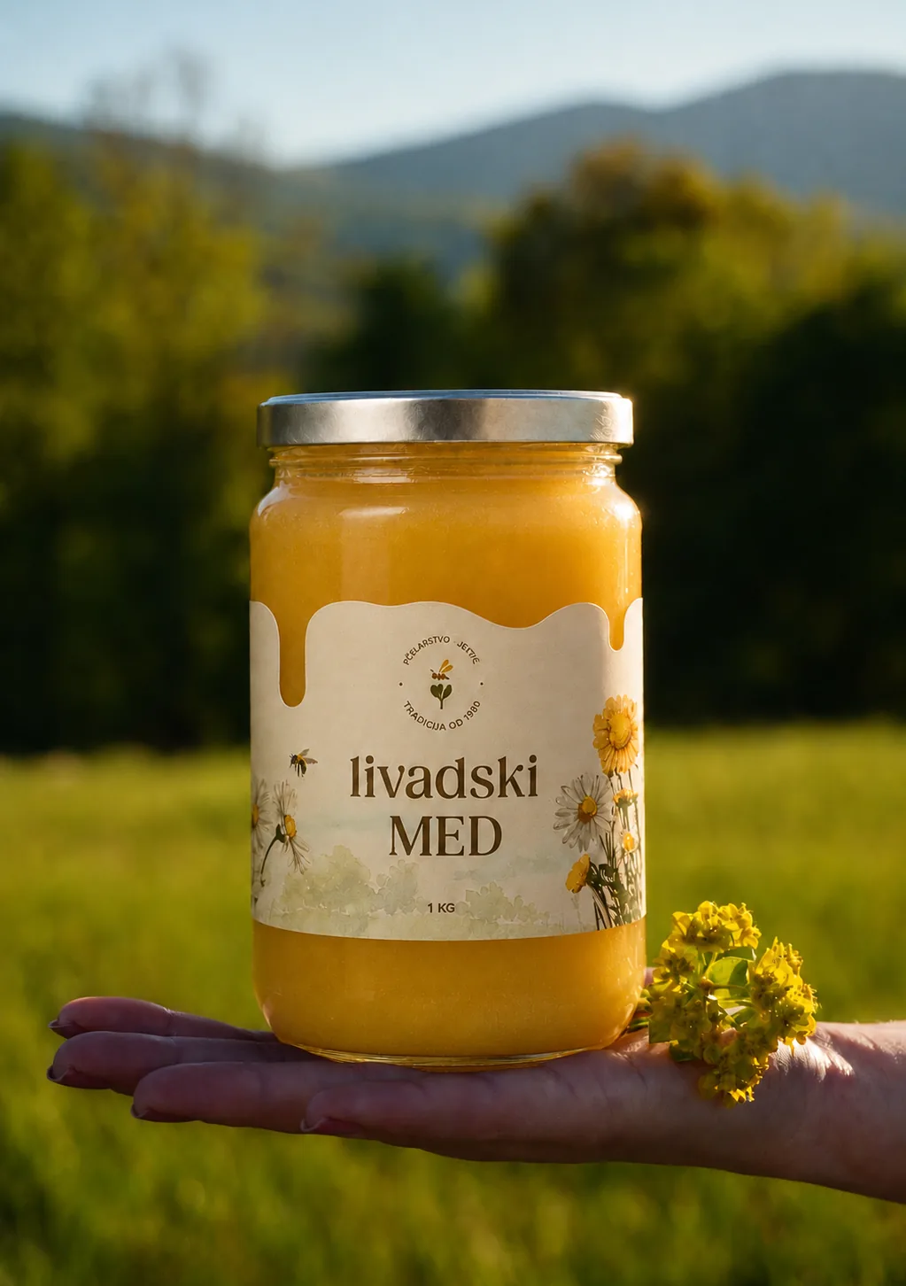 Tegla livadskog meda na otvorenom dlanu, iza nje livada i brda